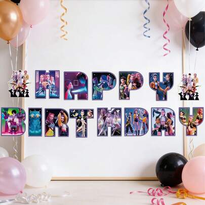 K-POP Witch Hunt Girl Group Theme Happy Birthday Letter Banner, Cute Birthday Party Hanging Decoration Backdrop For Fans Party, Room Decor And Photo Booth Props