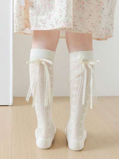 1双女童春夏薄款蝴蝶蕾丝爱心网纱过膝袜，象牙色洛丽塔公主风长袜
