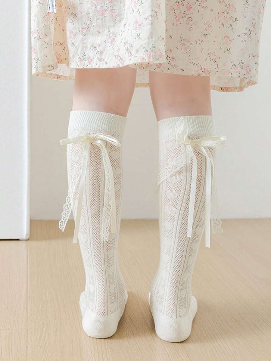 1 đôi tất dài đến đầu gối mỏng bằng ren hình bướm và trái tim dành cho bé gái, màu trắng ngà, kiểu công chúa Lolita. - Nhiều màu - Xem 1