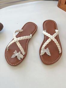 1 Pair White Woven Glitter Butterfly Girls Sandals, Non-Slip Rubber Soft Round Toe Fish Mouth Flat Slip-On Slippers, Suitable For 3-15 Years Old Girls Daily, Party, Travel, Street Style, 2026 Spring/Summer New - White - View 4