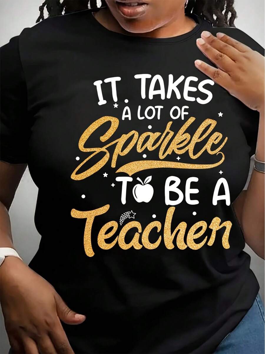 Camiseta de manga corta con cuello redondo y estampado Sparkle Teacher - Negro - Ver 1