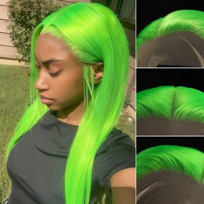 SALLYWELL Fruit Green 24" Straight 13x4 HD Lace Front Wig Glueless Pre Plucked Natural Hairline Synthetic Wig