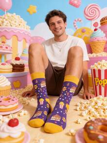 1 Pair Men's Purple And Yellow Snack Graphic Mid-Calf Socks, And Versatile For All Seasons - Multicolor - View 6