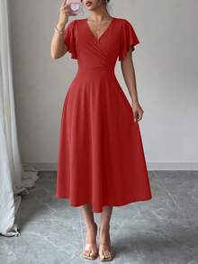 Women's Summer Mid-Length Dress Ruffled Sleeve Covered V-Neck Elegant Wedding Party Swing A-Line Slim Flared Dress - Red - View 3