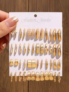 12/24/48pcs Luxury Retro Geometric Hoop Earrings Set, Soft Faux Pearl Large Hoop Design, Unique Attractive Style, Comfortable & Versatile - Gold - View 6