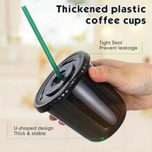 Baderke 25 Set Plastic Cups With Lids And Straws, Disposable Plastic Iced Coffee Cup For Cold Beverage Juice Smoothie Crystal For Coffee Shops Party Catering (Black,12 Oz) - Màu đen - 12 oz - Xem 4