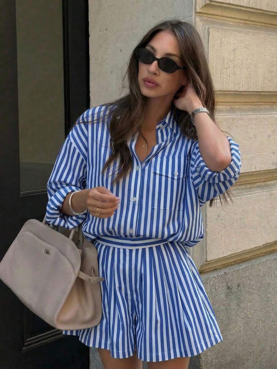 女士优雅两件套：春夏百搭休闲高腰褶皱短裤+条纹长袖衬衫，清新条纹新款，适合工作、休闲聚会、旅行、校园、时尚博主风格，时尚显瘦。 - 藍色 - 查看 1