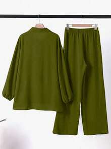 Women's Solid Color Top And Pants Arabic Style Outfit - Green - View 2