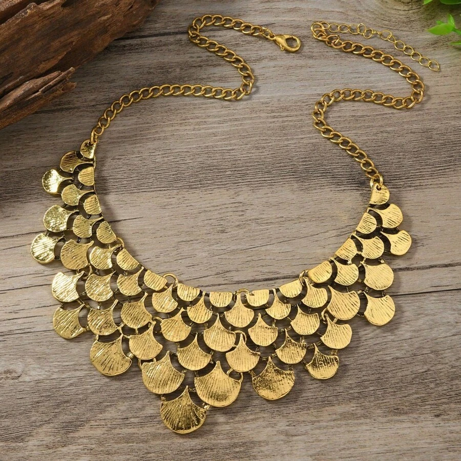 1件 时尚复古项链，几何叶子拼接合金饰品，女士短款颈链 - 古金色 - 查看 1