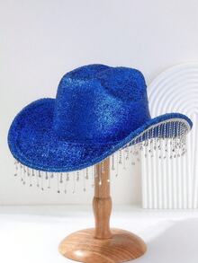 1PC Men's And Women's Unisex Rhinestone Tassel Distressed Shiny Cowboy Hat, Novelty Fun Punk Style Wide Brim Hat Bridesmaid Hat Bride Hat Gift Hat Cowgirl Hat, Suitable For Parties, Western Themed Events, Gatherings, Engagement Parties, Cosplay, Graduation Ceremonies, Masquerade Balls, Festivals, Weddings, Birthday Celebrations, Music Festivals, Coming-Of-Age Ceremonies - Solid Color - View 6