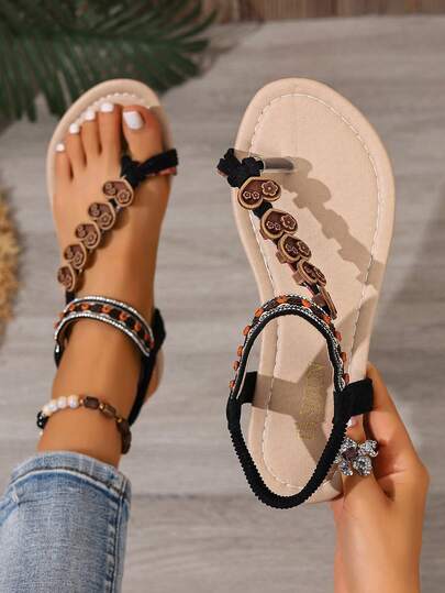 2026 New Summer Women's Flat Sandals, Fashion Bohemian Vacation Style, Strappy, Toe-Ring, Beaded, Black, Retro, Beach Shoes
