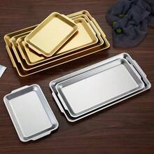 3 Pieces304 Stainless Steel Food Tray Set, 12.6-Inch Rectangular Multi-Purpose Plates, Suitable For Kitchens, Parties, Buffets, Etc., Brushed Nickel (Gold) Finish: Plates - Grey - View 1