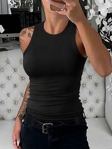 Women's Slim Fit Knitted Sleeveless Backless Casual Bra Ribbed Vest - 黑色 - 查看 1