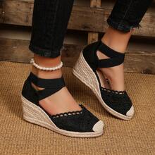 Women's Criss-Cross Elastic Mesh Floral Velvet Linen Rope Casual Wedge Shoes - Black - View 13