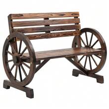 Two-Seater Garden Bench In Brown Fir Wood, Country Style, With Wagon Wheel Shaped Armrests. Dimensions: 105.5 X 56 X 79 Cm. - Brown - View 8