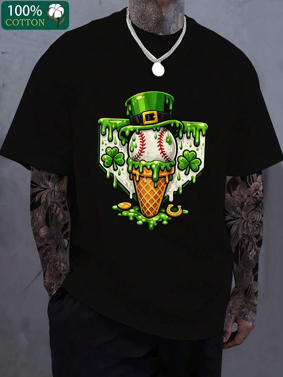 Printed Men's T-Shirt, Street Style Print, Y2k Hip-Hop Fashion Pattern T-Shirt, Fashion Casual Loose Men And Summer Essential - 黑色 - 查看 1