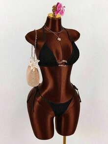 3pcs Women's Sexy Halter Bikini Set - Top, Bottom, And Cover-Up - Black - View 11