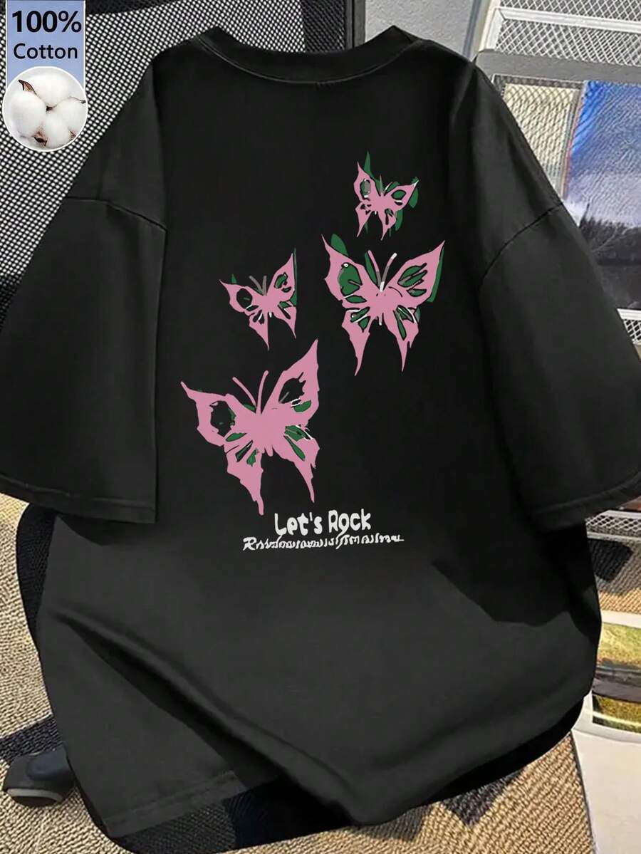 女士宽松圆领短袖字母蝴蝶印花T恤，春夏休闲黑色 - 黑色 - 查看 1