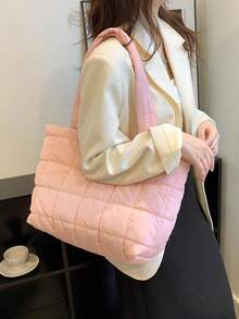 Lightweight, Business Casual Ultra-Lightweight High-Capacity Quilted Tote Bag For Teen Girls Women College Students, Rookies & White-Collar Workers Perfect For Office, College, Work, Business, Commute, Outdoors, Travel, Outings Puffy Down Knitting Handbag, Soft Padded Down Winter Handbag, Pillow Shopper Bag, School Supplies, School Tote Bag, Tote Bags For School, College Essentials , Pink - 粉色 - 查看 3