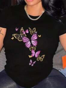 Camiseta de mujer para el verano, de cuello redondo, manga corta, con estampado de mariposa, informal y holgada - Negro - Ver 5