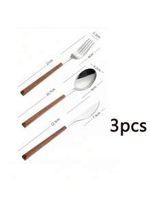 3pcs Faux Wooden Handle Knife, Fork And Spoon Set, Stainless Steel Steak Cutlery Flatware Set, Japanese Style - Brown - View 8