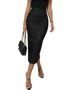 Chân váy dài xẻ tà bằng vải phủ bóng kiểu dáng thường ngày dành cho nữ, có khóa kéo, độ co giãn vừa phải. - màu đen - Xem 3