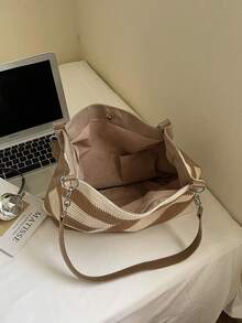 夏季新款波西米亚风条纹编织手提包 女士大容量通勤单肩包 草编材质 海边度假沙滩包 时尚百搭ins风超火大容量包 - 卡其色 - 查看 6