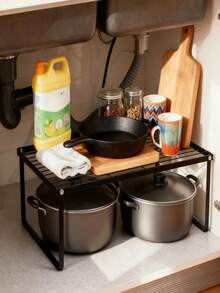 1pc Carbon Steel Countertop Storage Rack - Foldable Wardrobe Organizer, Polished Surface, Space-Saving, Suitable For Kitchen, Dining Room, Bar, Kitchen Tools And Small Items, Minimalist Design, Sturdy Structure, Fits Kitchen Cabinet, Practical Storage Rack - M - View 11