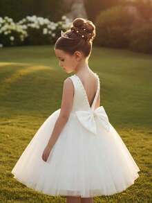 Vestido de princesa de alta gama para niña joven, con lazo desmontable de malla calada y perlas, vestido de ceremonia formal para niña de las flores en bodas y fiestas - Blanco - Ver 3