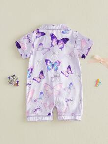 Satin Footless Pajamas Fashionable Strawberry Printed Short Sleeve Button Down Romper - 紫色 - 查看 7