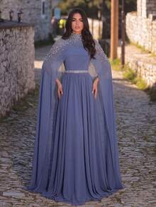 Faeriesty 优雅仿珍珠雪纺晚礼服 - 薄纱披肩、腰带、镂空设计的飘逸斗篷和长款飘逸连衣裙 - 适合婚礼、晚宴、颁奖典礼和红毯活动以及春季派对 - 霧霾藍 - 查看 4