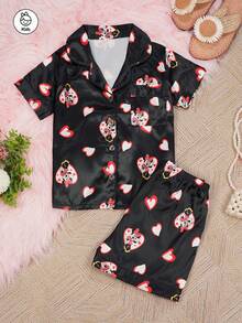 Disney Series Cartoon Butterfly & Heart Print 2-Piece Set, Cute Casual Matching Short Sleeve Top And Elastic Waist Shorts Pajamas For Tween Girls Silk-Like Soft Breathable Fabric Suitable For All Seasons - Black - View 10
