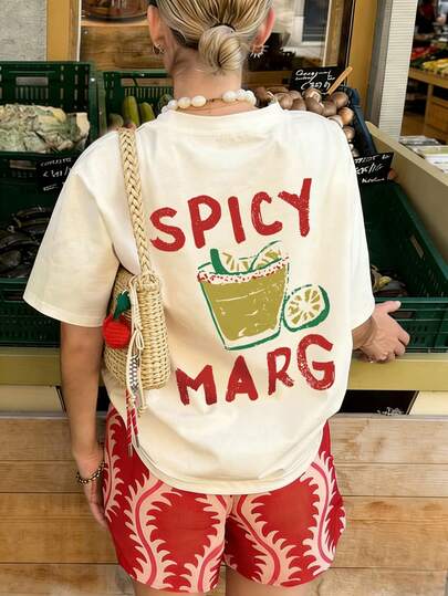 Summer New Casual Lifestyle Italian Beverage Print Round Neck Short Sleeve T-Shirt, Fashionable Versatile Casual Wear For Women