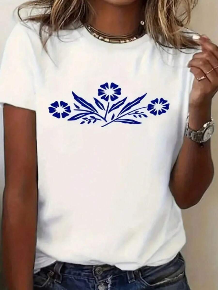 Camiseta Feminina Unissex Estampa Criativa "Flores Azuis" Perfeita Chique Confortável Bonita Elegante Manga Curta Gola Redonda Casual Urbano Academia Trabalho - Branco - Visão 1
