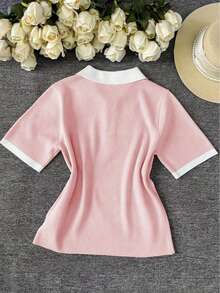 2026 Nuevo Conjunto elegante de oficina para mujer, suéter de punto minimalista y de alta gama, diseño de bolsillo con cremallera de contraste de media cremallera, ropa urbana para damas, versátil blusa de manga corta de punto simple, ropa casual de verano para exteriores - Rosa - Ver 2