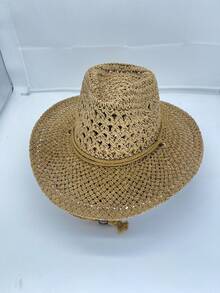 1顶复古镂空卷边宽檐草帽，男女通用户外旅行沙滩遮阳帽，手工编织透气西部牛仔巴拿马帽，适合户外活动、海滩、四季皆宜，节日礼物、母亲节礼物、情人节礼物 - 鏤空草帽 - 查看 14