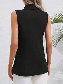 女士夏季无袖薄款西装背心，披肩领单排扣通勤性感修身百搭上衣 - 黑色 - 查看 5