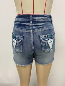 2026 Women's Vintage Bullhead Embroidered Slim-Fit Burr- Denim Shorts - Blue - View 4