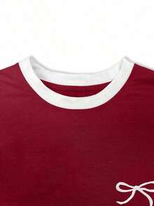 Camiseta de mujer/Estampado con bordado de lazo/Artesanía de bordado/Camiseta holgada casual de mujer de cuello redondo con contraste de color/Camiseta de moda/Primavera y verano - Colores mixtos - Ver 3