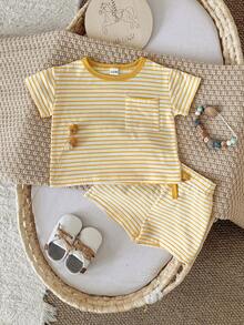 2pcs/Set Newborn Baby Boys/Girls Striped Short Sleeve Top And Shorts Set, Summer - Yellow - View 4