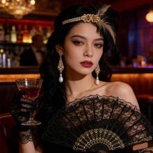 咆哮的二十年代复古女郎套装 | 羽毛头饰蕾丝扇形珍珠耳坠 | 舞会及化装舞会 - 彩色 - 查看 8