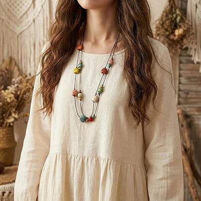 Colorful Ceramic Beaded Necklace, New Chinese Style Artistic Round Bead Sweater Chain Pendant, Travel & Holiday Accessory