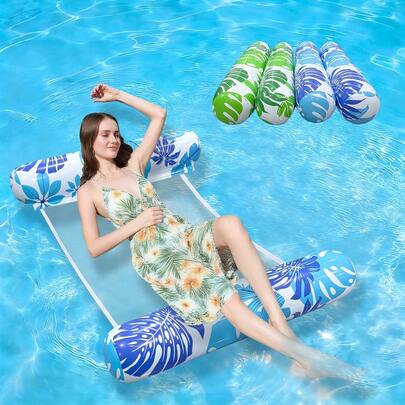 1 pieza Nuevo hamaca inflable de doble tubo con forma de hoja, con silla de lounge inflable de PVC y tela de malla para adultos, cama flotante para adultos, suministros para fiestas en la piscina y reuniones en la playa