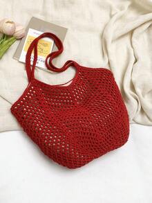 Crochet Mesh Bag, Women's Beach Bag, Hand-Woven Hollow Shoulder Tote, Large New High-Appearance Women's Solid Color Red Magnetic Buckle Tote Bag, Single Shoulder Bag, Handbag, Large Crescent-Shaped Hollow Design, Top Double Handles, Can Be Worn On One Shoulder Or Carried By Hand, Suitable For Women For Commuting, Going Out, Shopping, Traveling, Business Trips, Daily Commute, And Vacation Outings. - Red - View 7