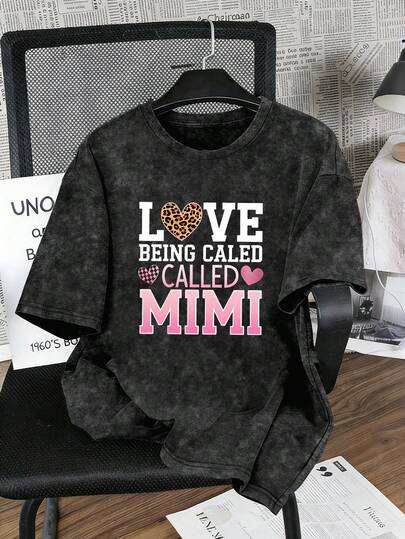 Mother's Day Plus-Size Women's Casual T-Shirt - Vintage Snow-Wash Short Sleeve Top Featuring Leopard-Print Hearts And Pink Heart-Letter Graphics; Ideal For Outdoors, Women's Tops, And Summer Wear.