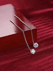 1 Pair S925 Sterling Silver Minimalist Zirconia Tassel Earrings, Delicate Versatile Everyday Wear Earrings For Women - Round - View 9