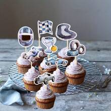 16 buah Dekorasi Cupcake Berbentuk Mobil Balap Biru, Termasuk Setir, Bendera Trofi, Helm, dll., Cocok untuk Pesta Ulang Tahun Bertema Balap. - beraneka warna - View 2