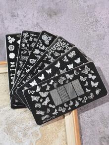 6pcs Nail Art Stamping Plate Set, Butterfly & Flower Pattern Nail Stamping Tools - Silver - View 2