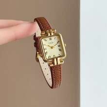 CILOA 1 pieza Reloj cuadrado pequeño dorado para mujer, estilo vintage francés, correa de textura de lichi marrón, esfera cuadrada, accesorio elegante diario para mujer - Marrón Mocha - Ver 4