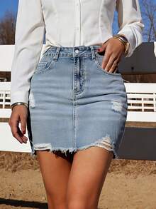 Chân váy denim ngắn nữ có túi, gấu quần rách. - Màu xanh lam - Xem 1